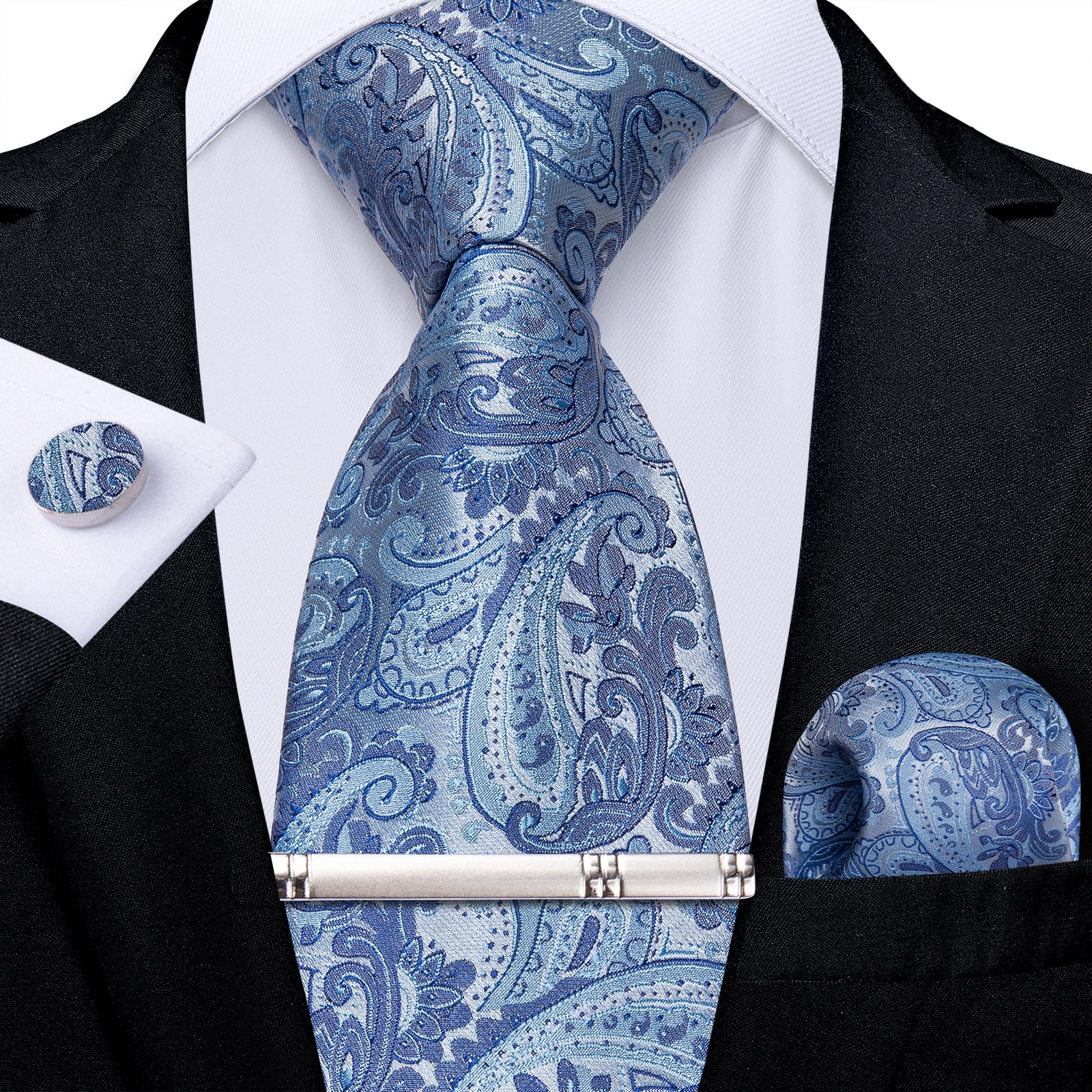 Luxury Silver Blue Floral Men's Tie Handkerchief Cufflinks Clip Set