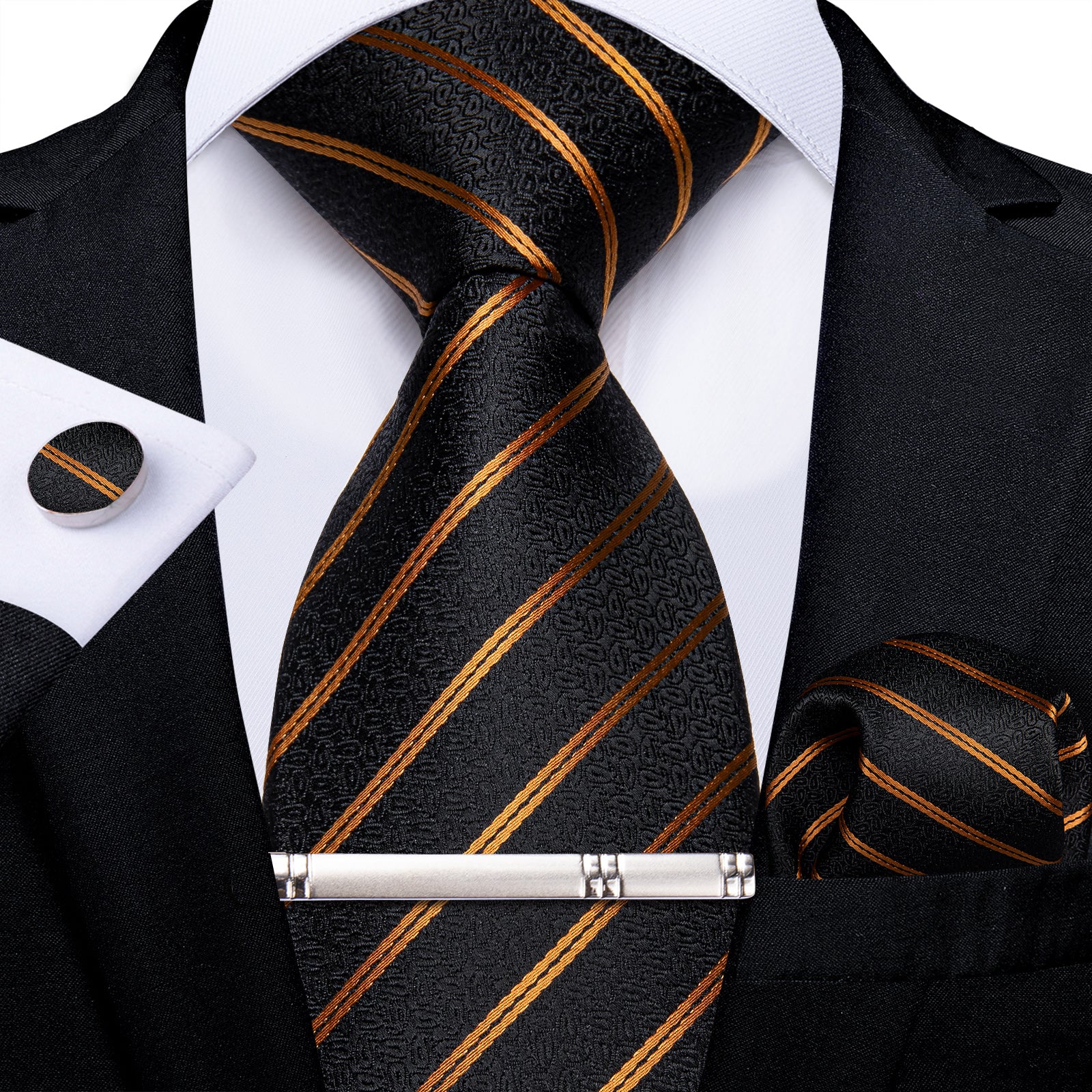 Black Pattern With Golden Stripes Men's Tie Pocket Square Cufflinks Clip Set