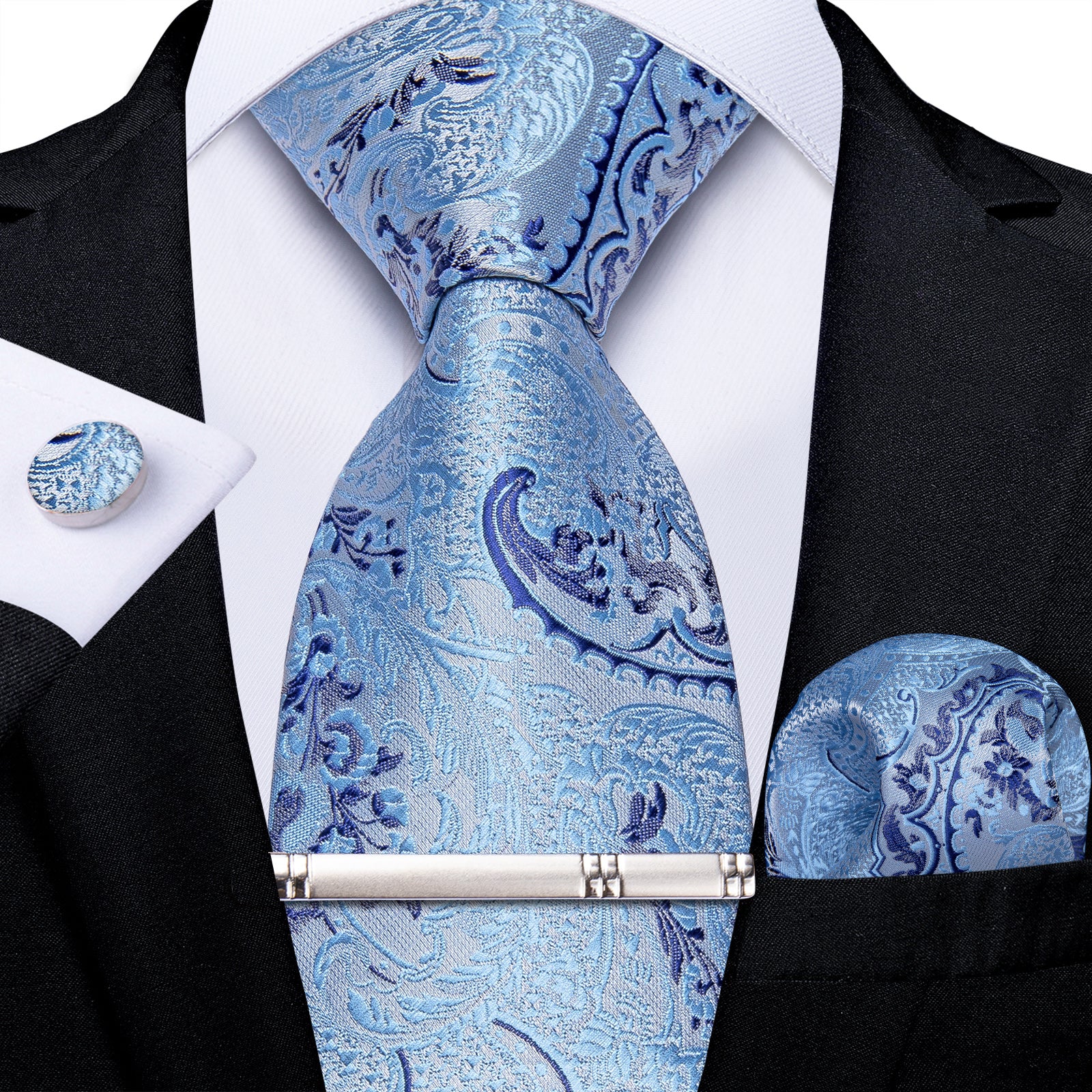 Classy Azure Floral Men's Tie Pocket Square Cufflinks Clip Set
