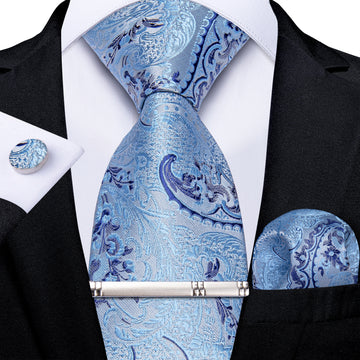 Classy Azure Floral Men's Tie Pocket Square Cufflinks Clip Set