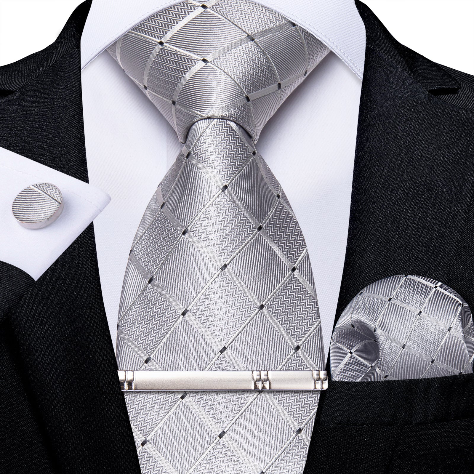 Classy Silver Grey Lattice Men's Tie Pocket Square Cufflinks Clip Set