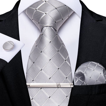 Classy Silver Grey Lattice Men's Tie Pocket Square Cufflinks Clip Set