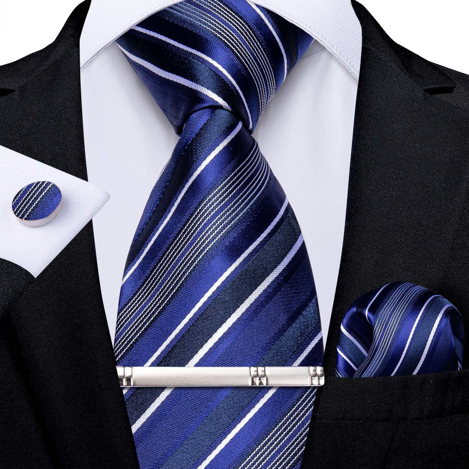 DiBanGu Silk Tie Blue White Stripe Men's Tie Handkerchief Cufflinks Clip Set