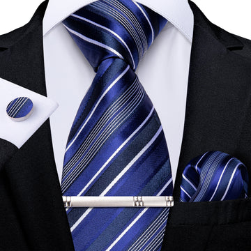 DiBanGu Silk Tie Blue White Stripe Men's Tie Handkerchief Cufflinks Clip Set