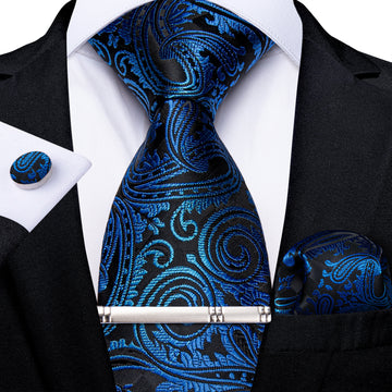 Black Blue Floral Men's Tie Handkerchief Cufflinks Clip Set