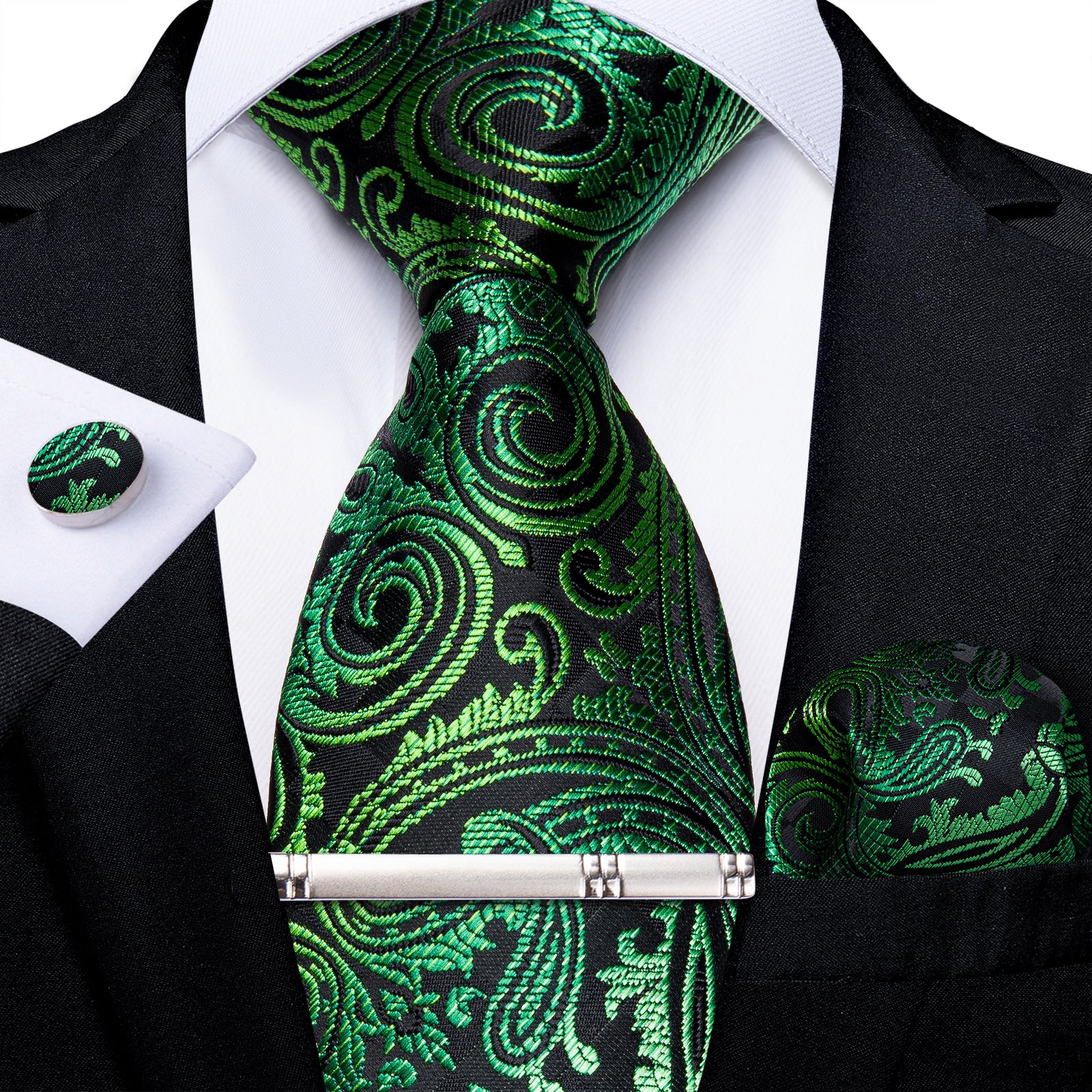 Green Golden Floral Men's Tie Handkerchief Cufflinks Clip Set