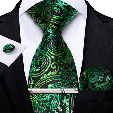 Green Golden Floral Men's Tie Handkerchief Cufflinks Clip Set