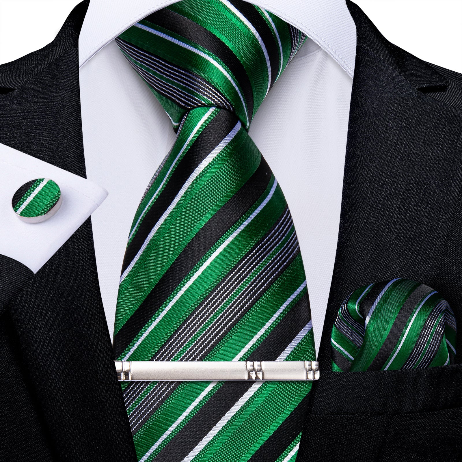 Green Black Stripe Men's Tie Handkerchief Cufflinks Clip Set