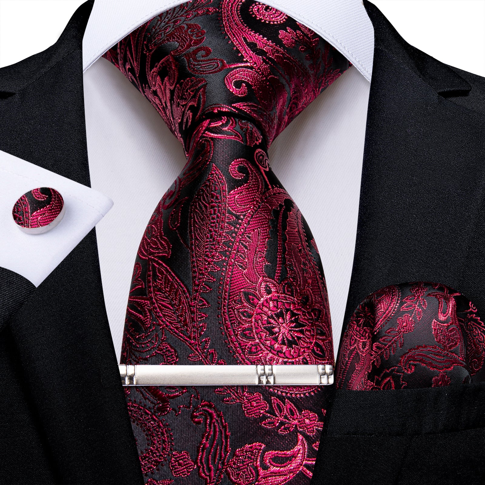 Claret Floral Men's Tie Handkerchief Cufflinks Clip Set