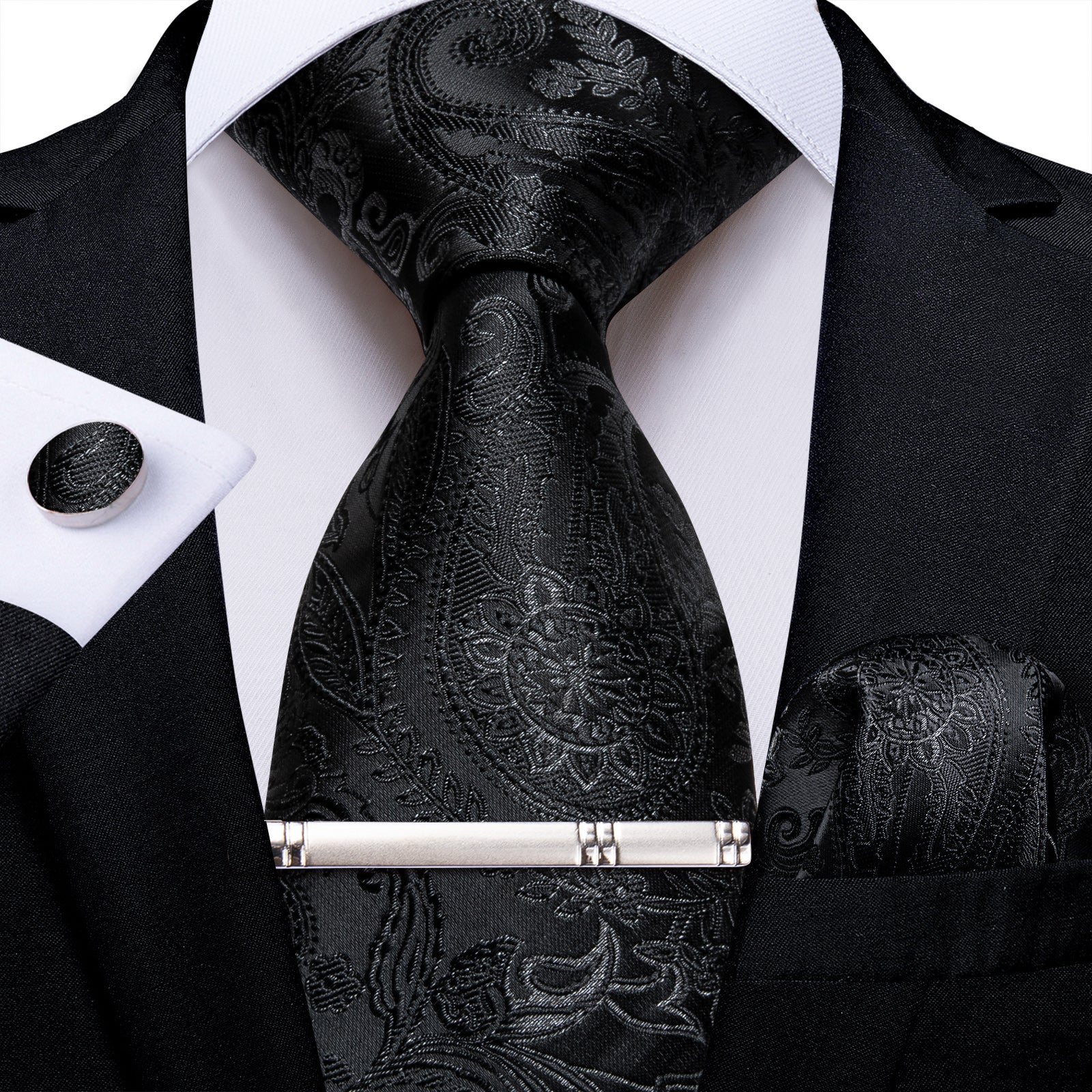 Black Floral Men's Tie Handkerchief Cufflinks Clip Set