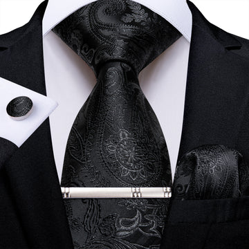 Black Floral Men's Tie Handkerchief Cufflinks Clip Set