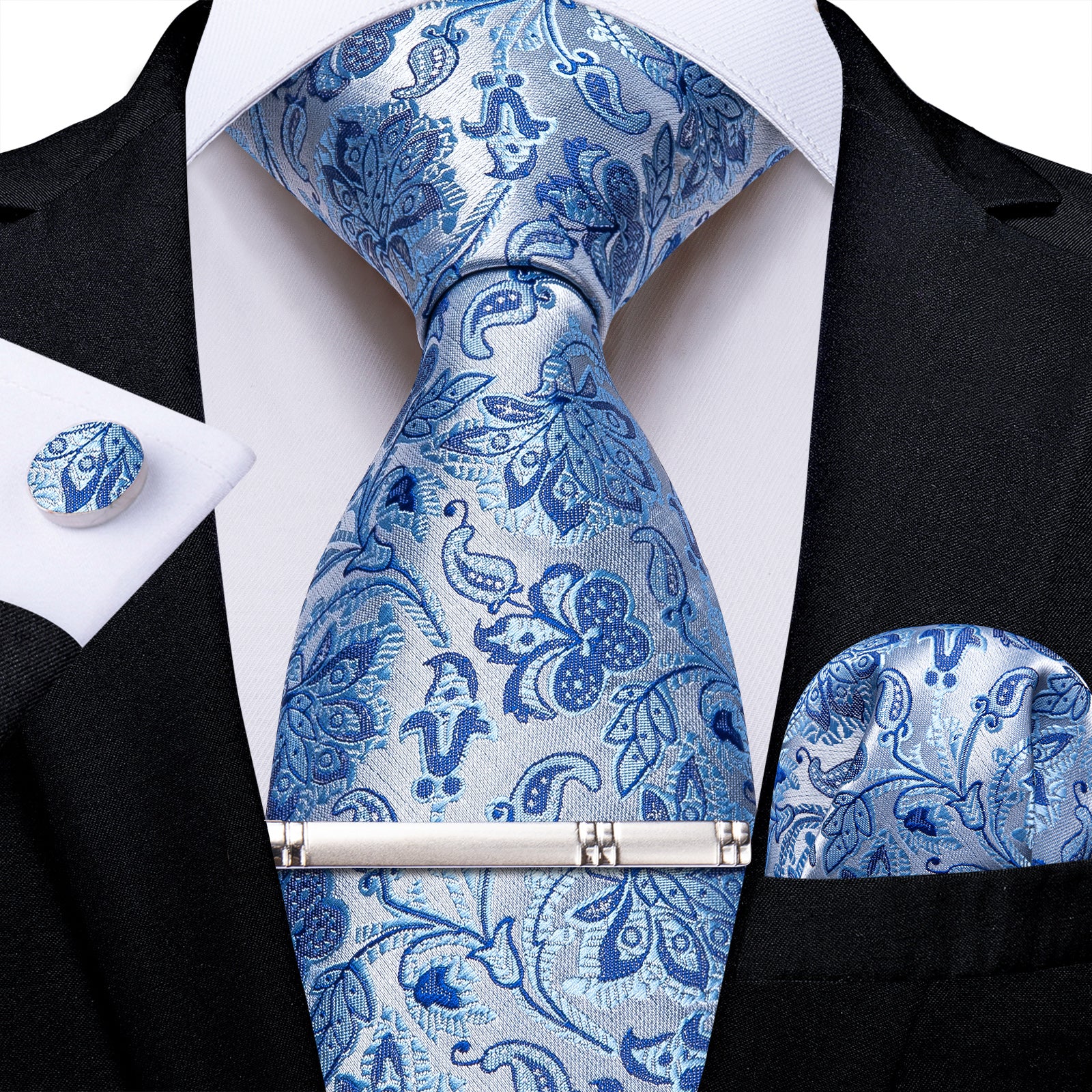 Blue Floral Men's Tie Handkerchief Cufflinks Clip Set
