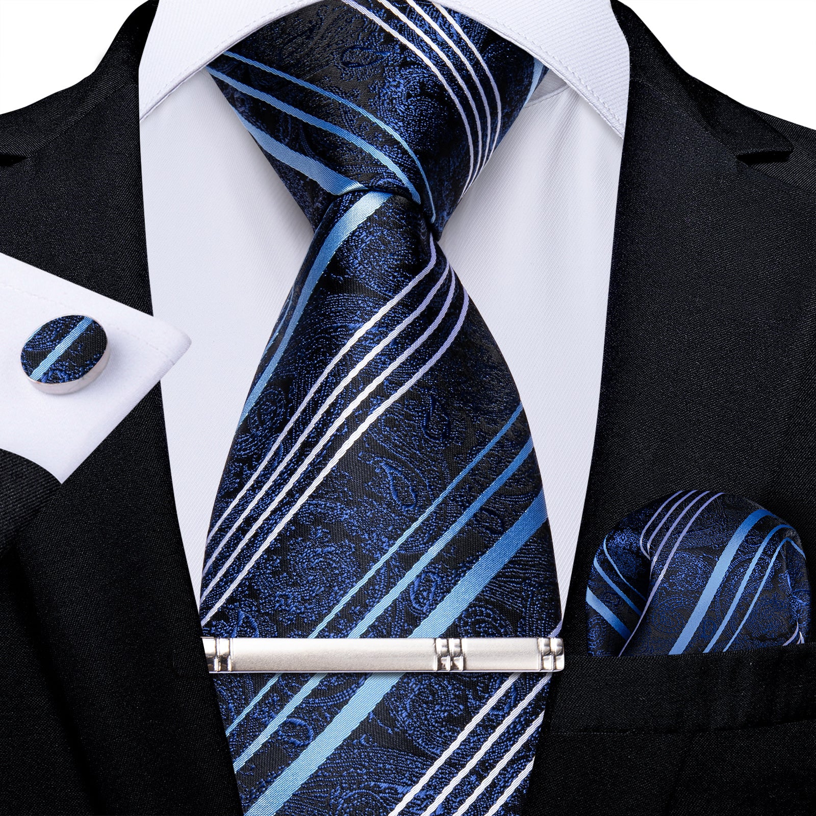 Blue White Stripe Floral Men's Tie Handkerchief Cufflinks Clip Set