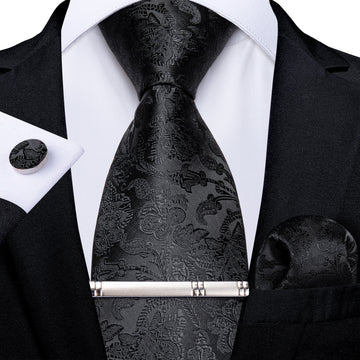 Classic Black Floral Men's Tie Pocket Square Cufflinks Clip Set