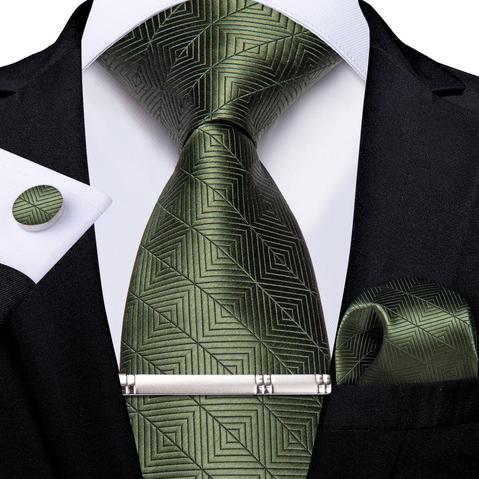 Emerald Stripe Lattice Men's Tie Handkerchief Cufflinks Clip Set