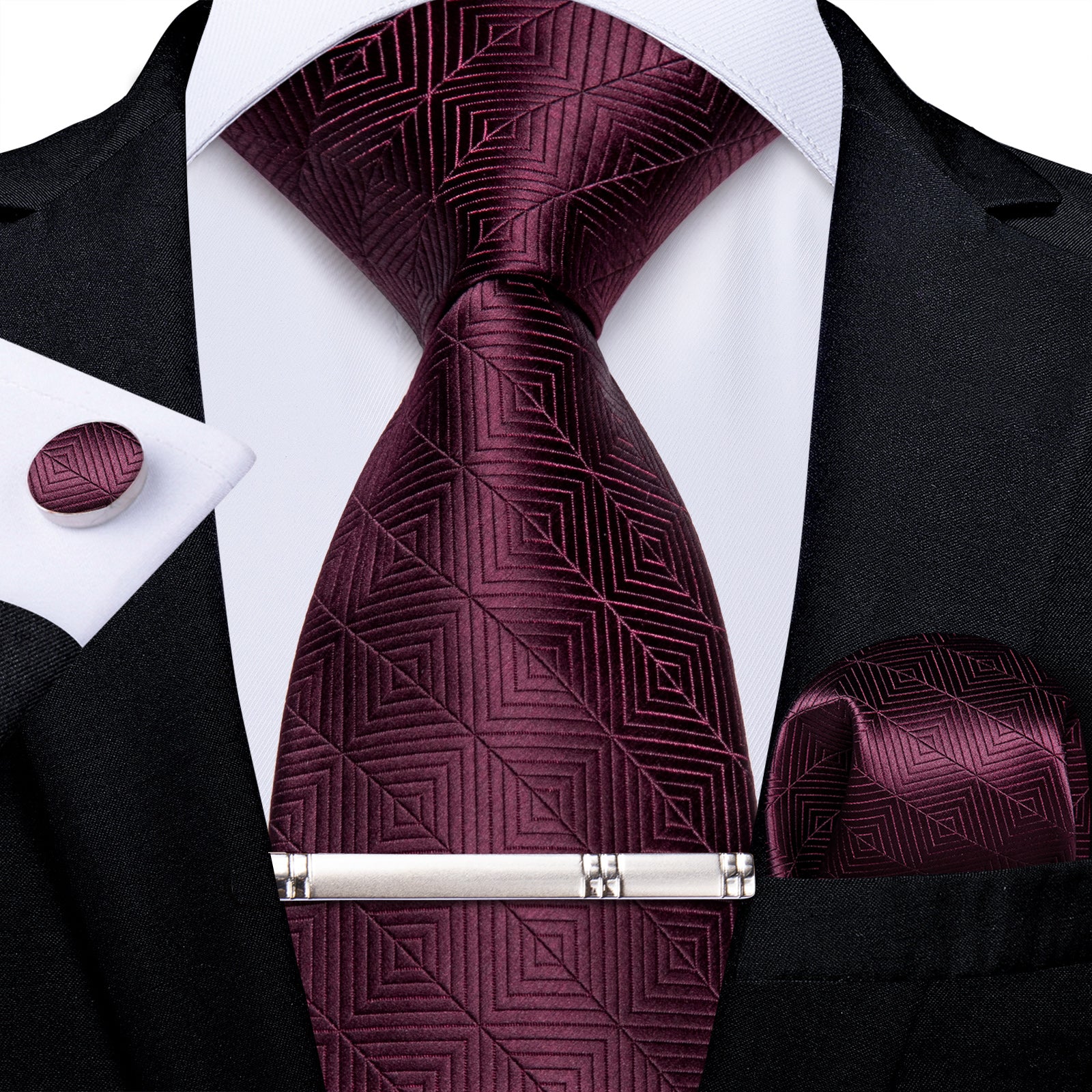 Claret Stripe Lattice Men's Tie Handkerchief Cufflinks Clip Set