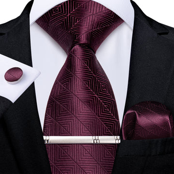 Claret Stripe Lattice Men's Tie Handkerchief Cufflinks Clip Set