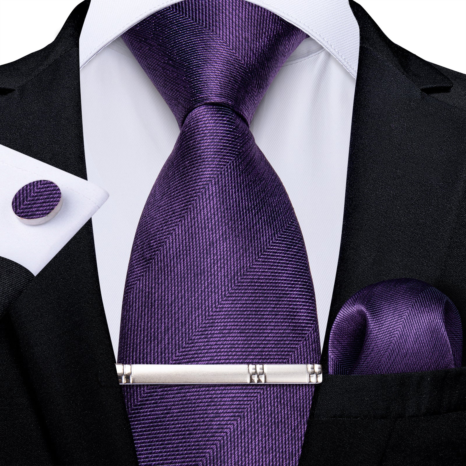 Purple Solid Men's Tie Pocket Square Cufflinks Clip Set