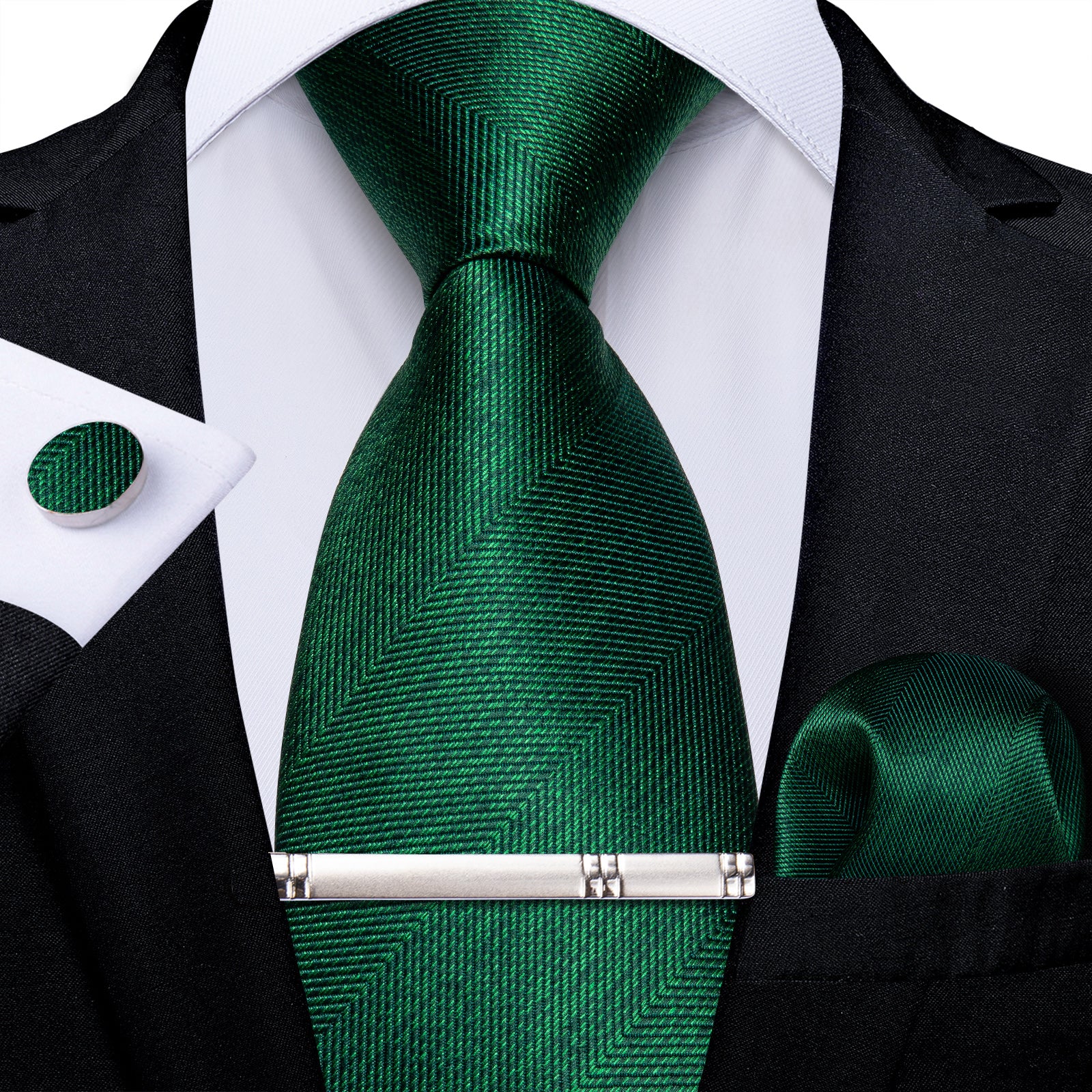 Green Solid Men's Tie Pocket Square Cufflinks Clip Set