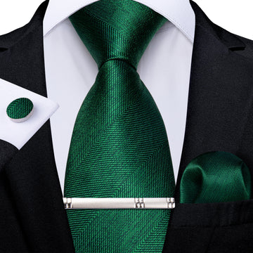 Green Solid Men's Tie Pocket Square Cufflinks Clip Set