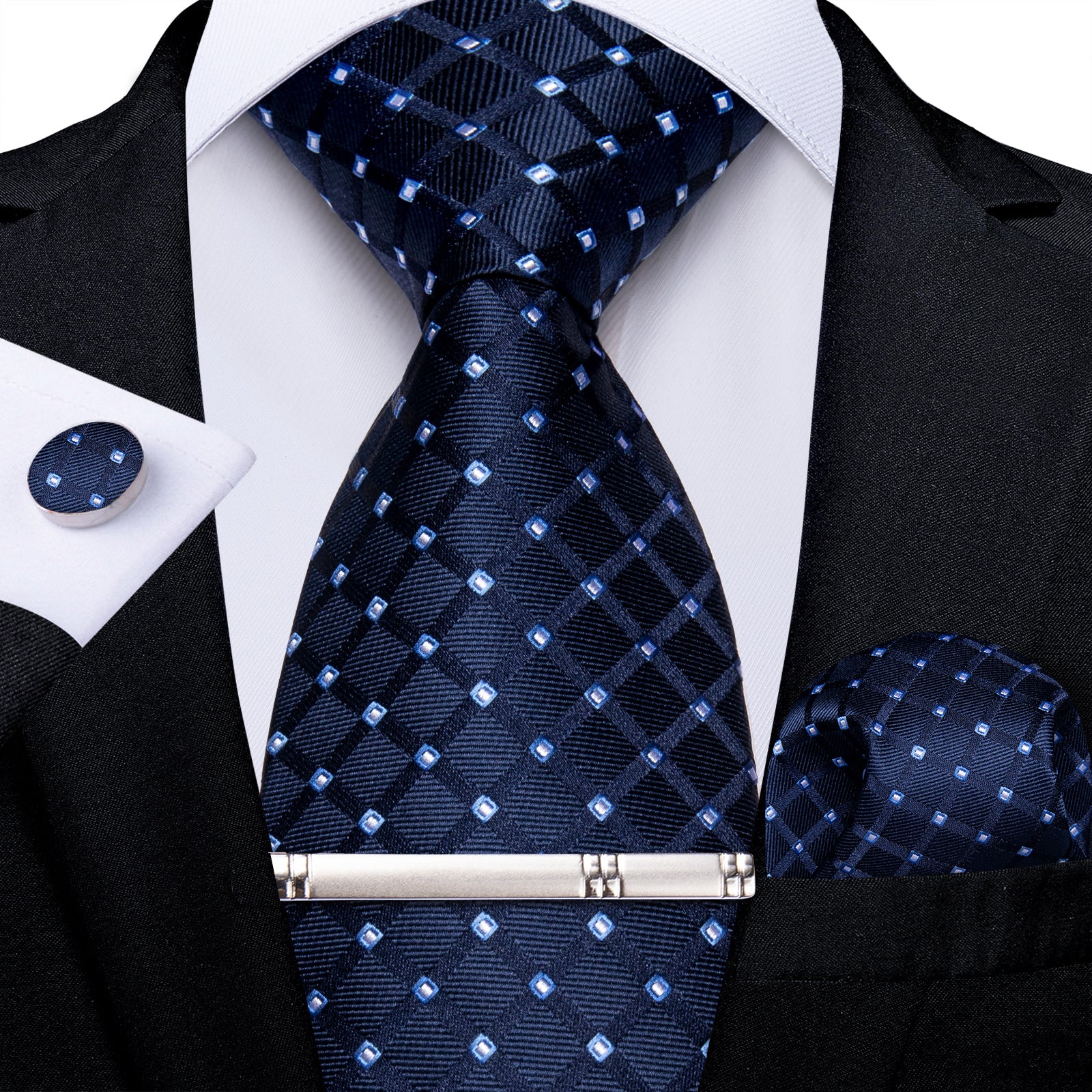 Blue Dotted Men's Tie Pocket Square Cufflinks Clip Set
