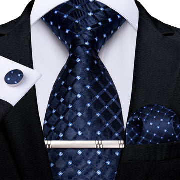 Blue Dotted Men's Tie Pocket Square Cufflinks Clip Set