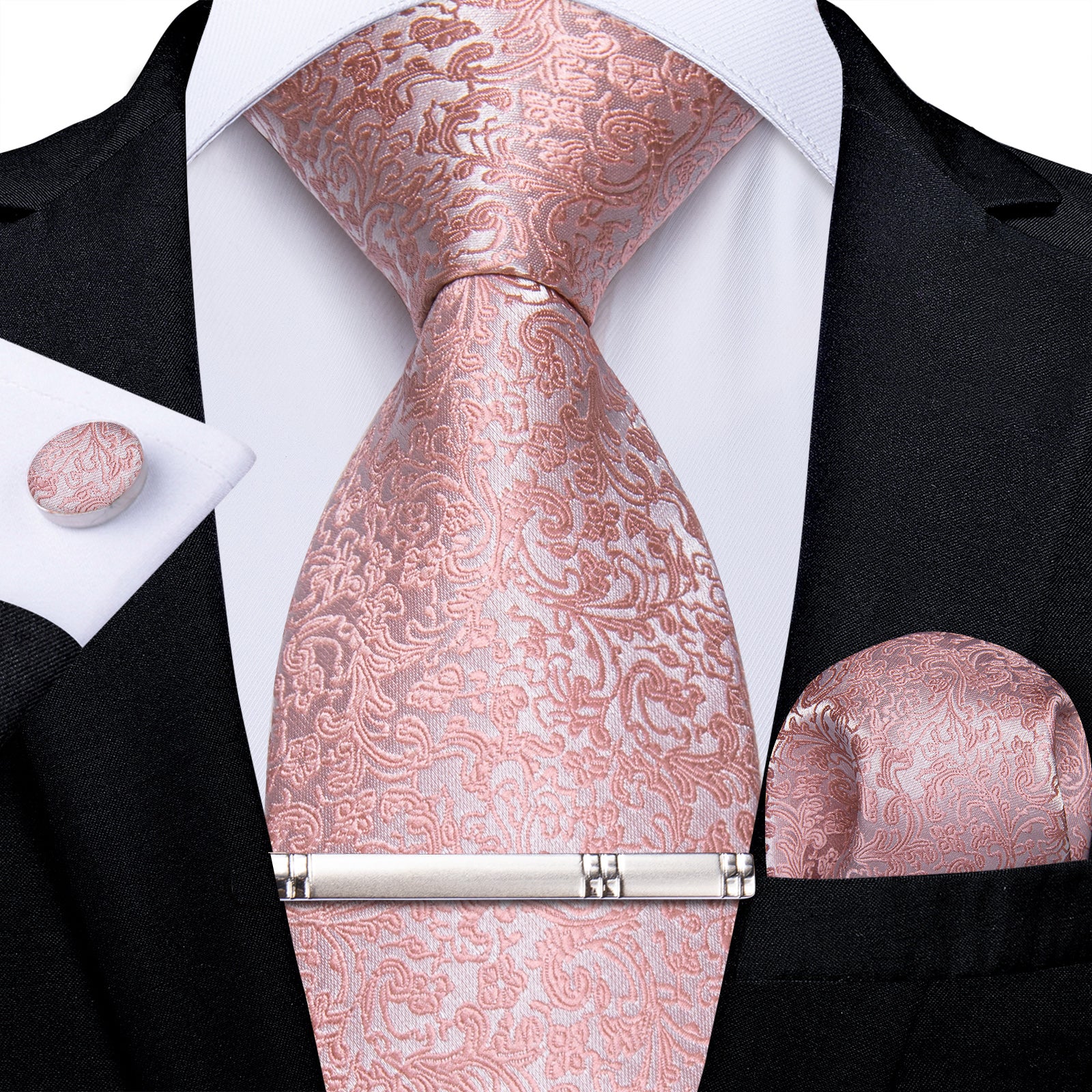 Pink Floral Men's Tie Pocket Square Cufflinks Clip Set