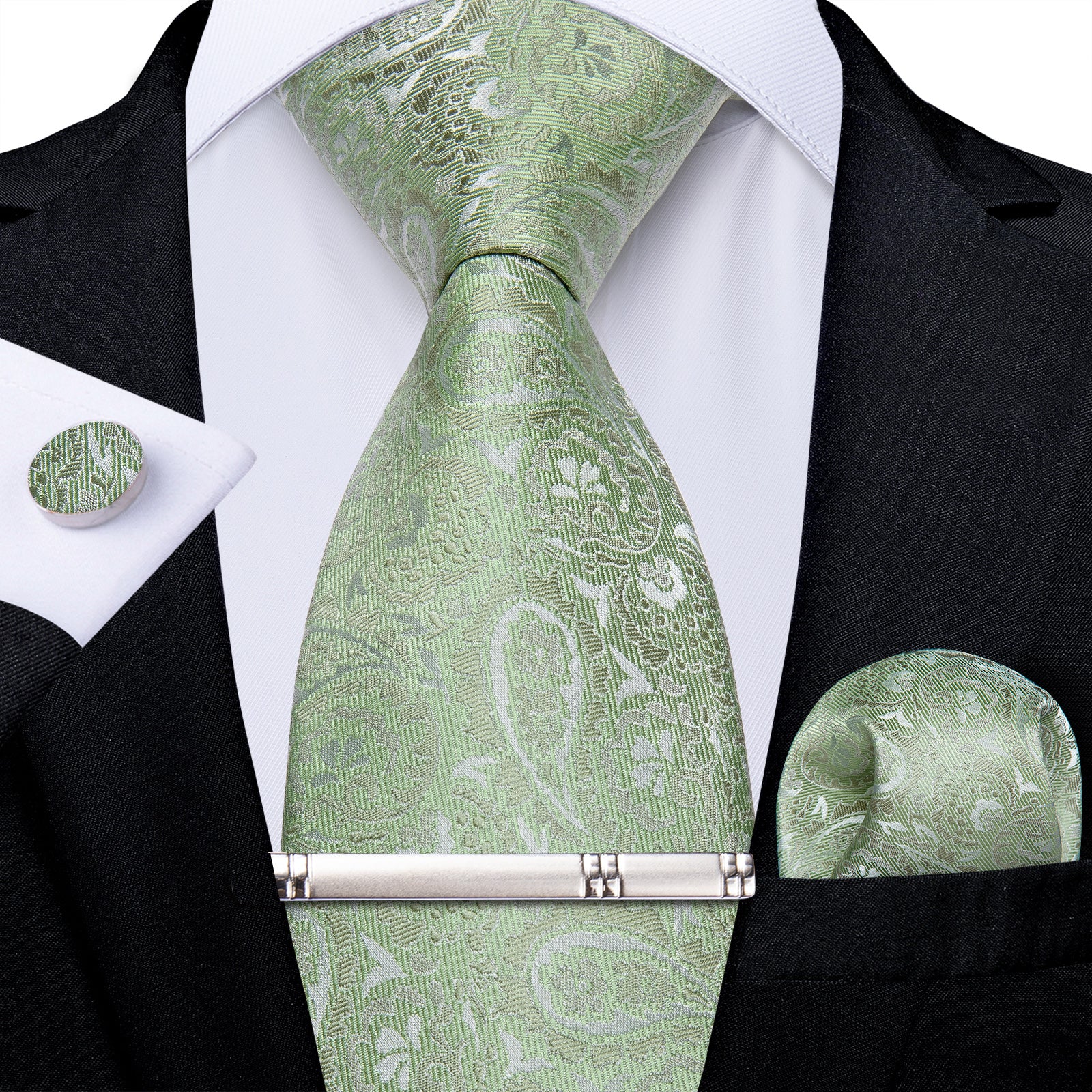Mint Green Paisley Men's Tie Pocket Square Cufflinks Clip Set