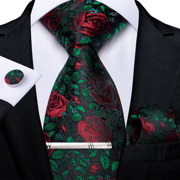 Green Leaf Red Floral Men's Tie Pocket Square Cufflinks Clip Set