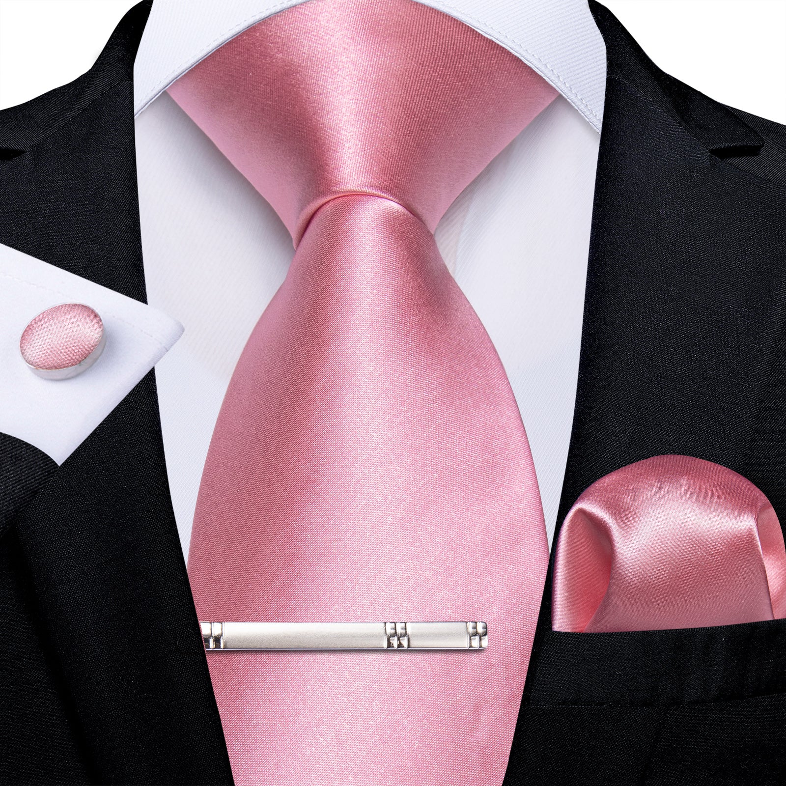 Pink Solid Men's Tie Pocket Square Cufflinks Clip Set