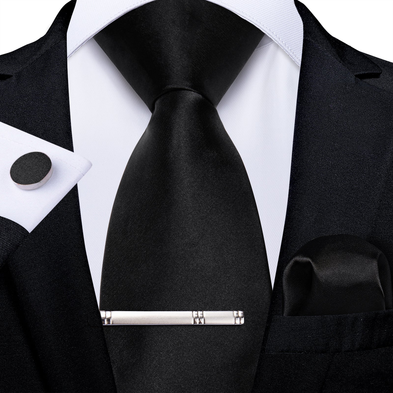Black Solid Men's Tie Pocket Square Cufflinks Clip Set