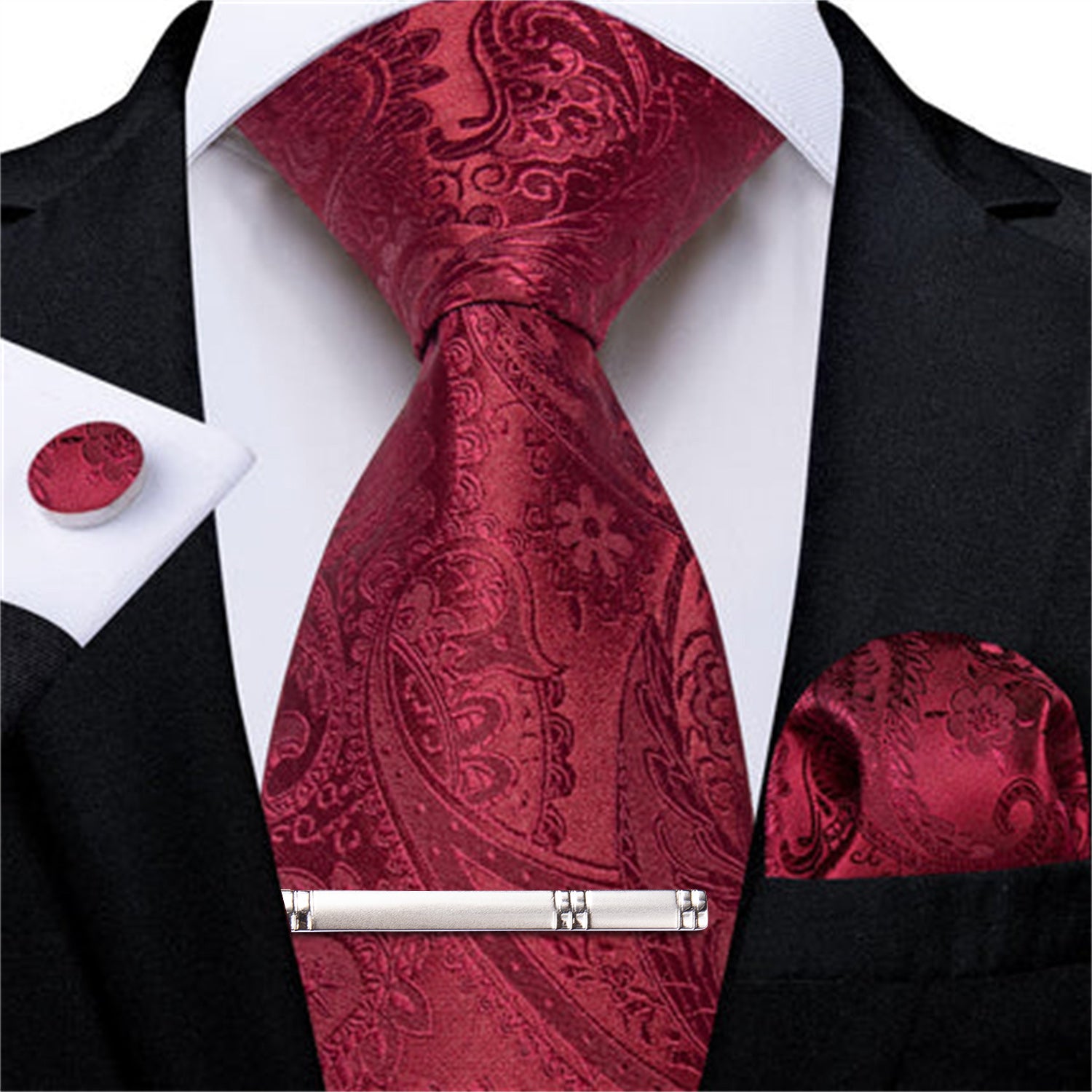 DiBanGu Dress Tie Cordovan Red Floral Mens Silk Work Tie Handkerchief Cufflinks Clip Set