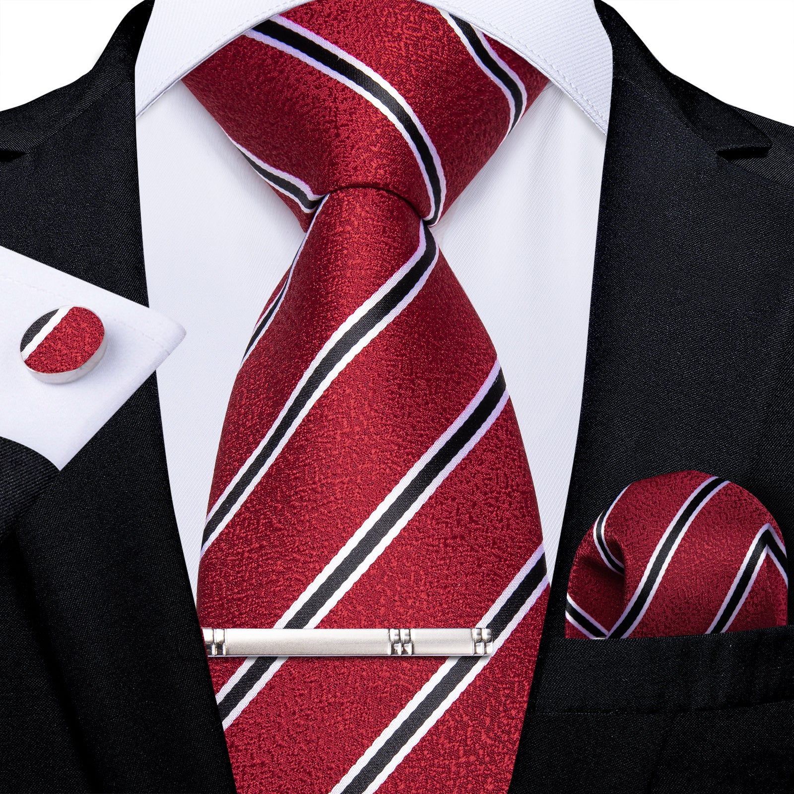 Red Black Stripe Men's Tie Handkerchief Cufflinks Clip Set