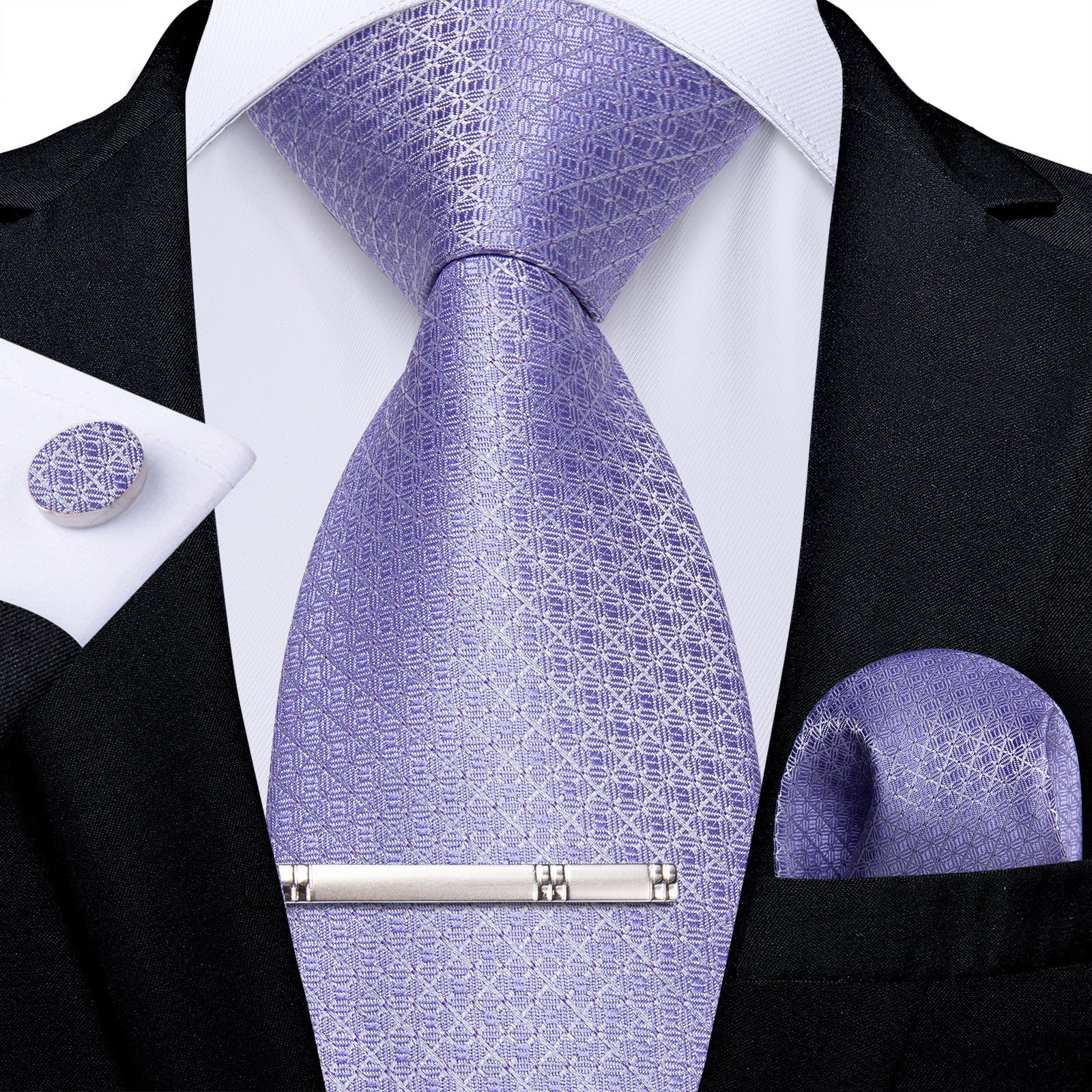 Purple Stripe Men's Tie Handkerchief Cufflinks Clip Set