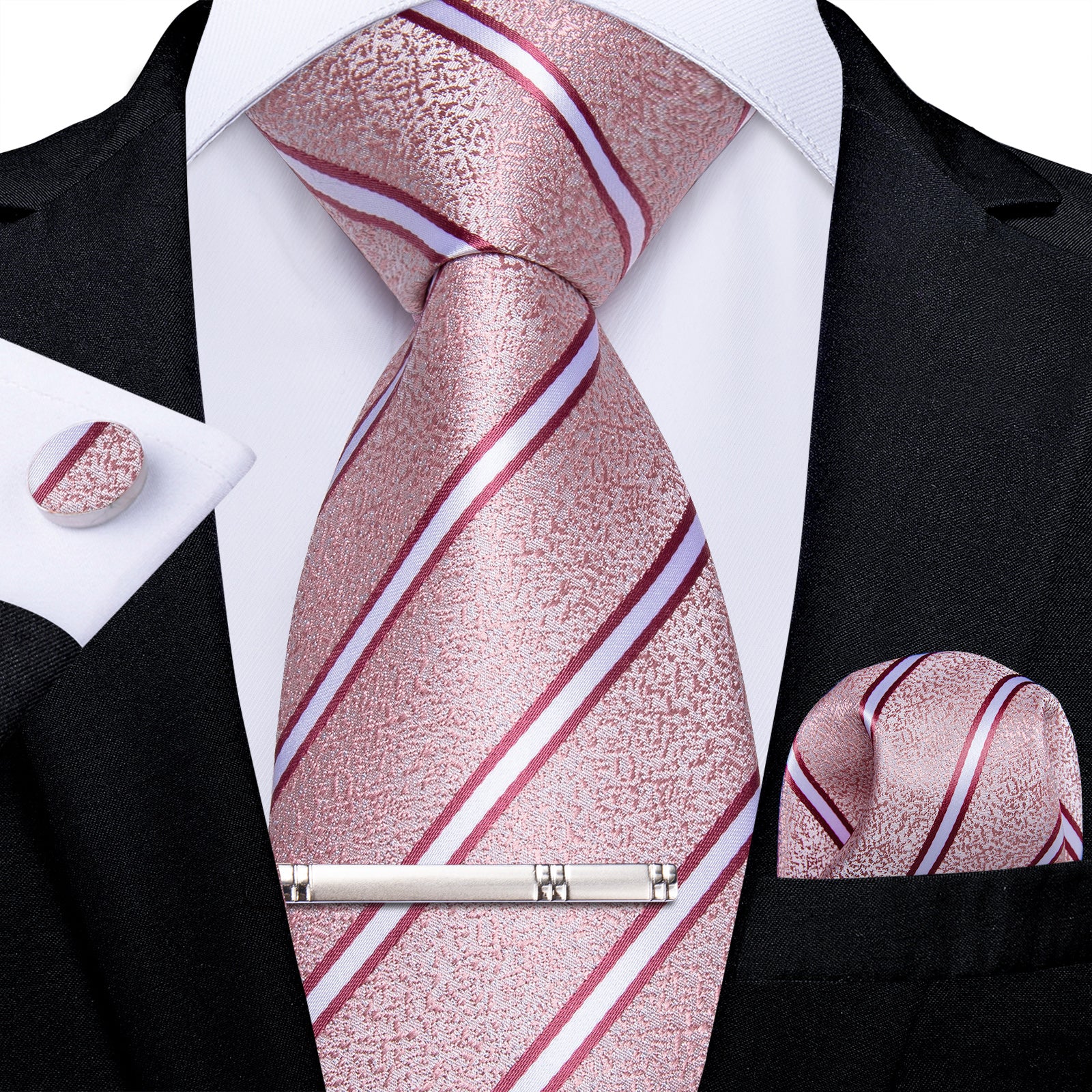Pink White Stripe Men's Tie Handkerchief Cufflinks Clip Set