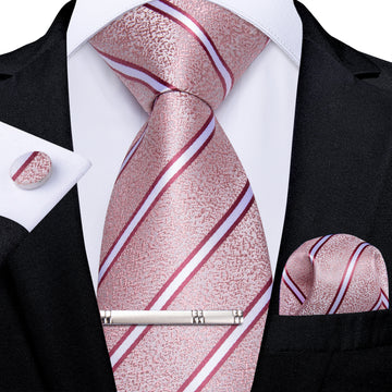Pink White Stripe Men's Tie Handkerchief Cufflinks Clip Set