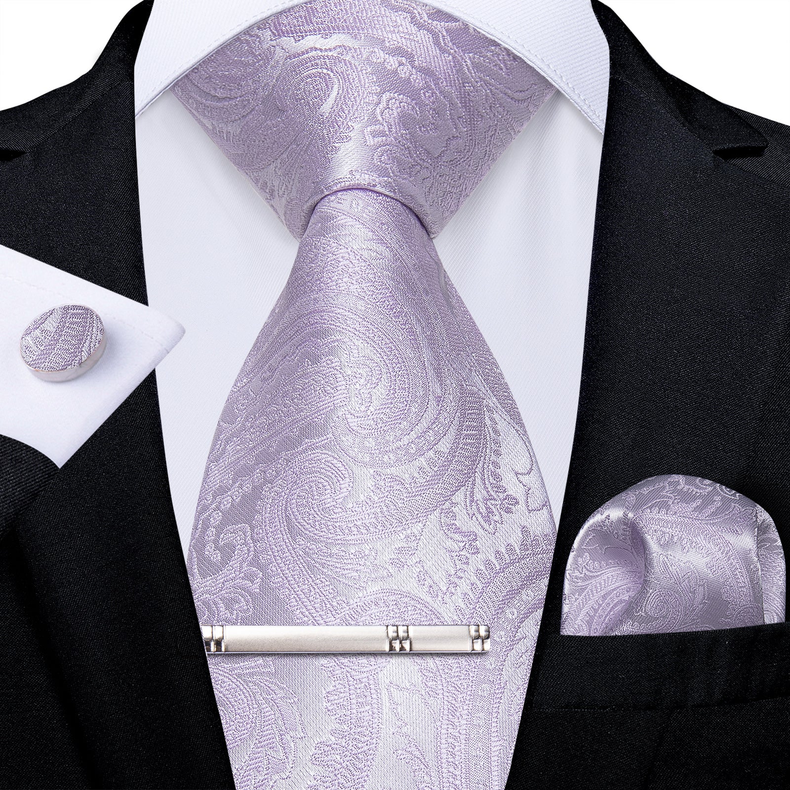 DiBanGu Floral Tie Lavender Purple Men's Silk Necktie Tie Clip Set