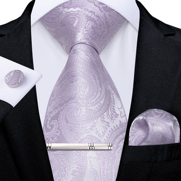 DiBanGu Floral Tie Lavender Purple Men's Silk Necktie Tie Clip Set