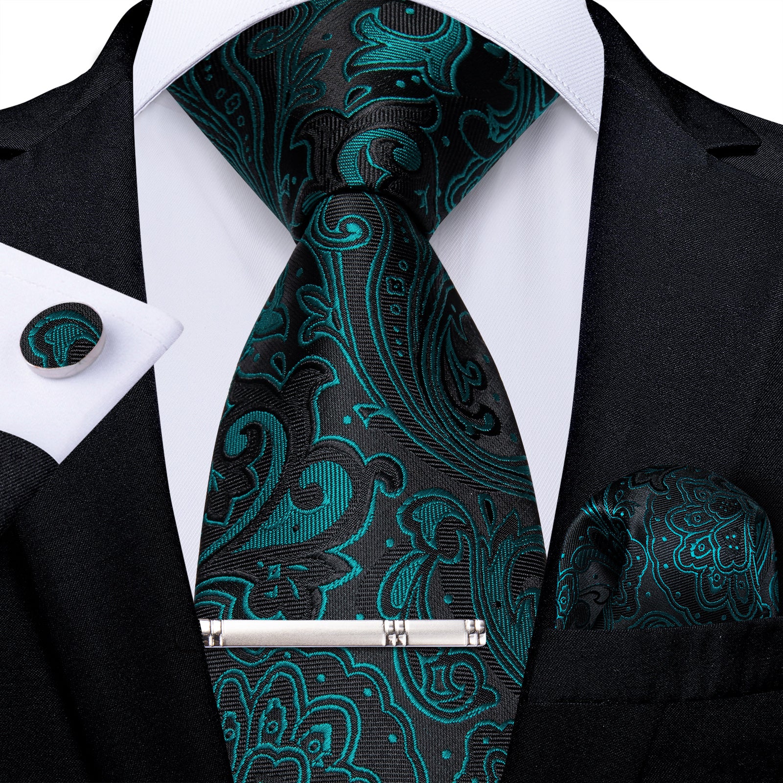 Black Green Floral Men's Tie Handkerchief Cufflinks Clip Set