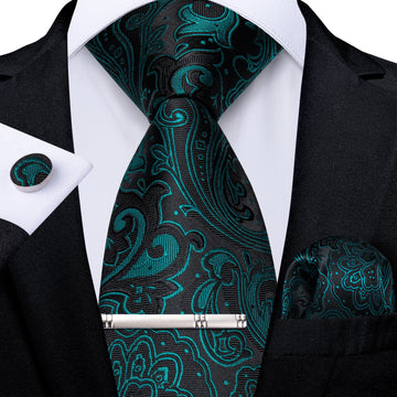 Black Green Floral Men's Tie Handkerchief Cufflinks Clip Set