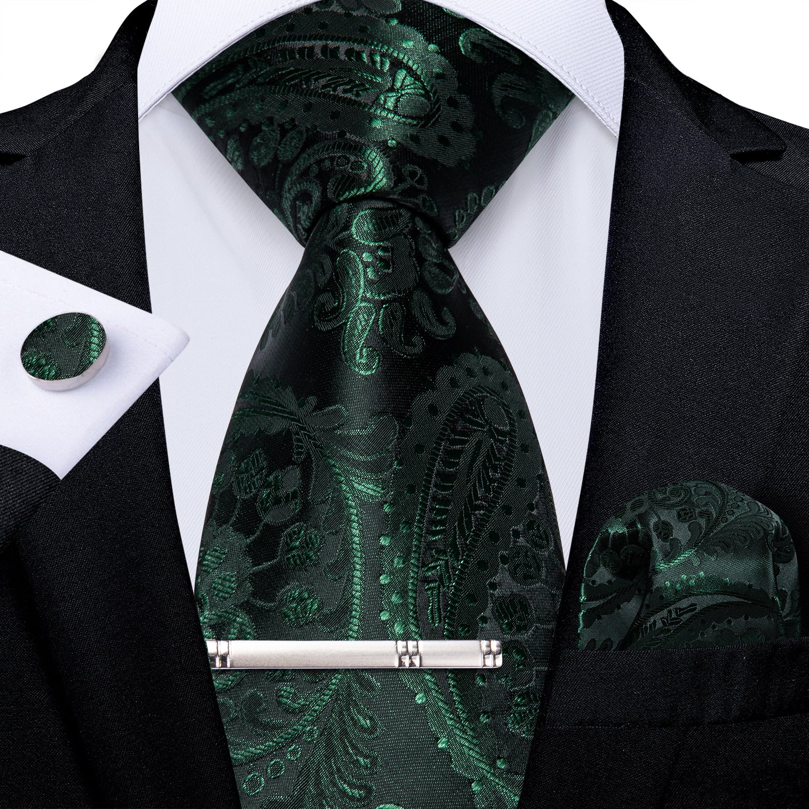 Green Paisley Men's Tie Handkerchief Cufflinks Clip Set