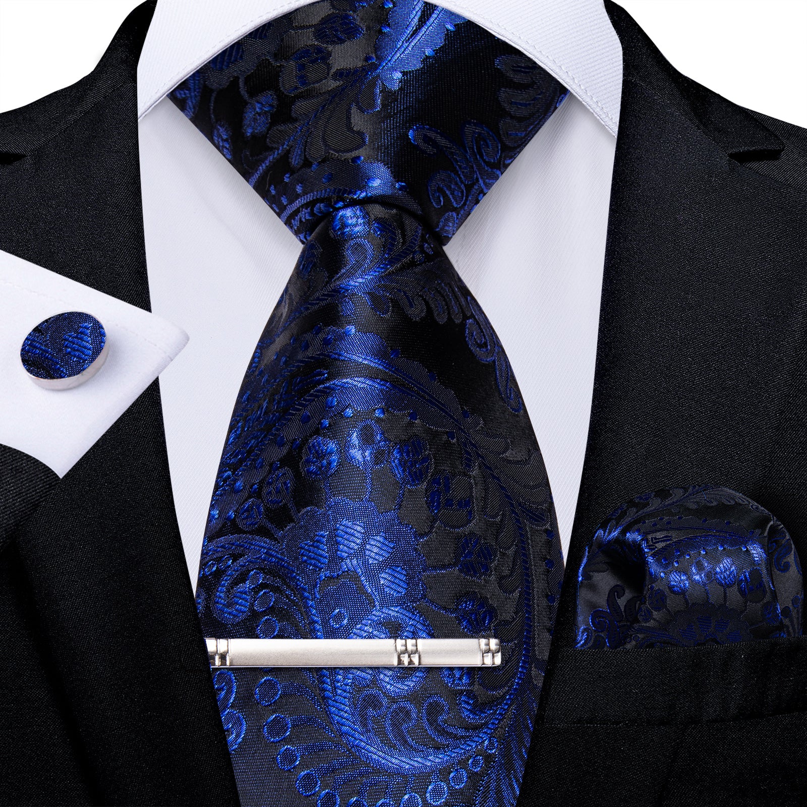 Blue Paisley Men's Tie Handkerchief Cufflinks Clip Set