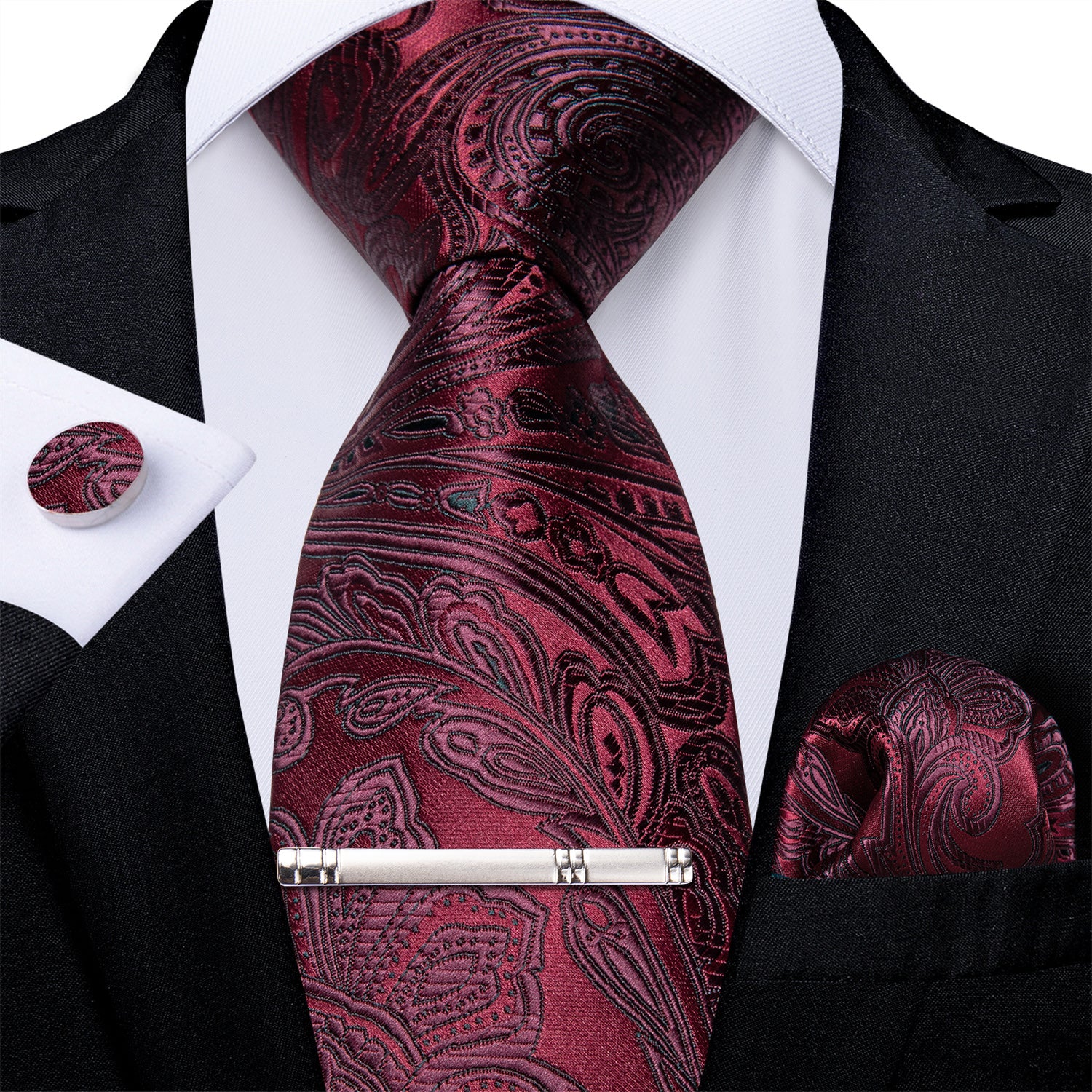 Claret Floral Men's Tie Handkerchief Cufflinks Clip Set