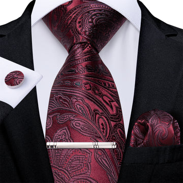 Claret Floral Men's Tie Handkerchief Cufflinks Clip Set