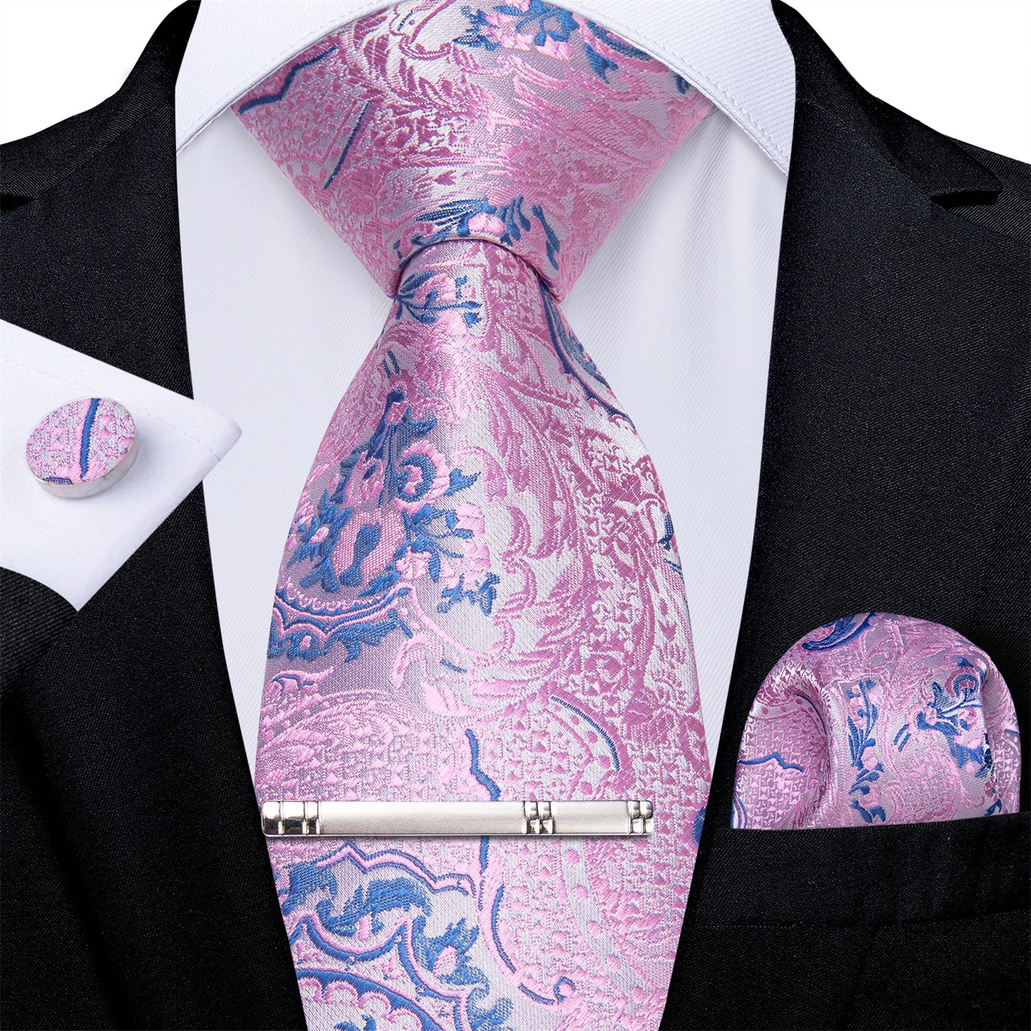 Pink Blue Floral Men's Tie Handkerchief Cufflinks Clip Set