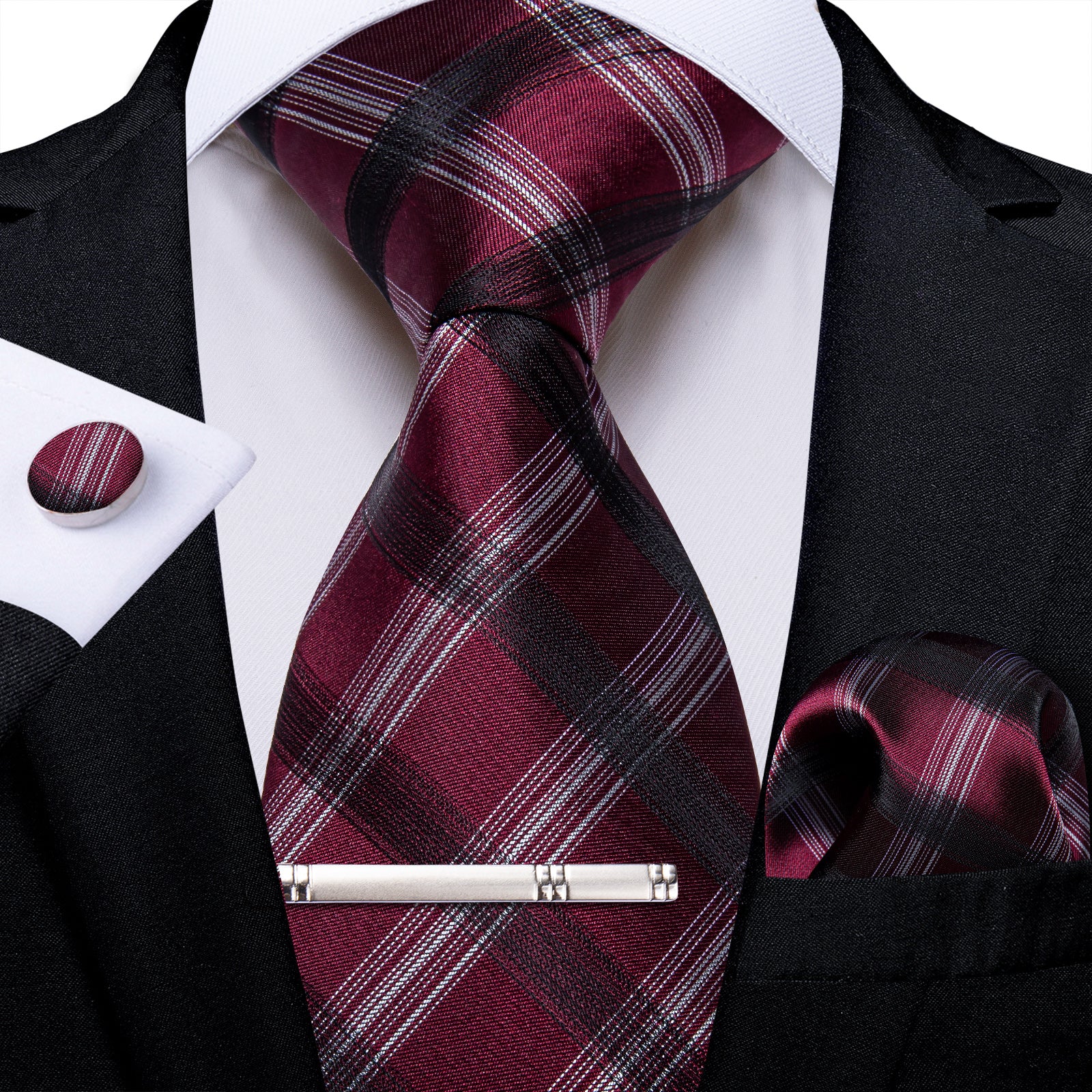 Red Black White Strped Men's Tie Handkerchief Cufflinks Clip Set