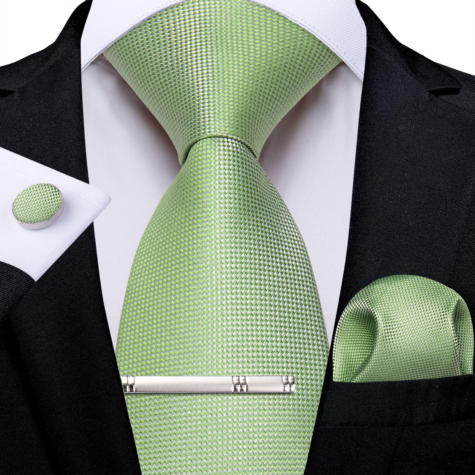 Green Solid Men's Tie Handkerchief Cufflinks Clip Set