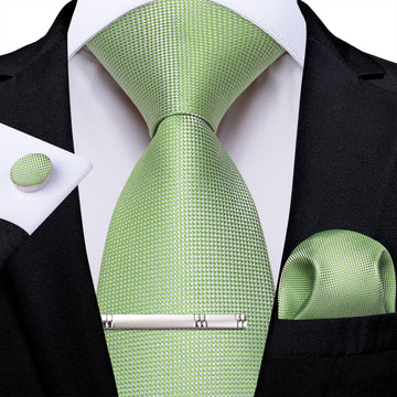 Green Solid Men's Tie Handkerchief Cufflinks Clip Set