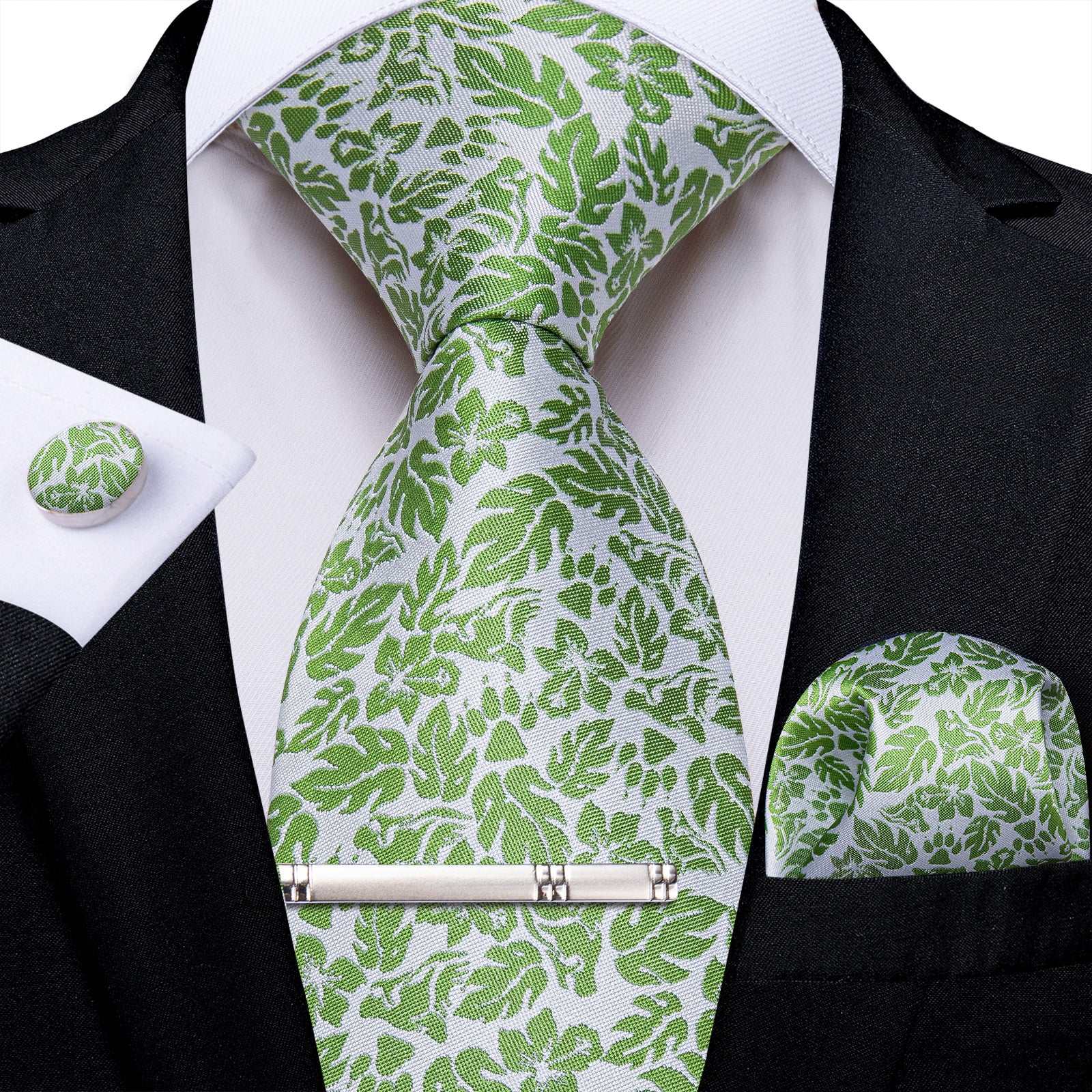 Grey Green Leaves Solid Men's Tie Handkerchief Cufflinks Clip Set