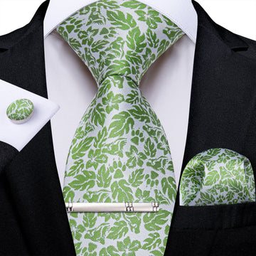 Grey Green Leaves Solid Men's Tie Handkerchief Cufflinks Clip Set